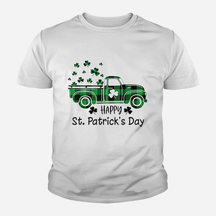 Buffalo Plaid Shamrock Vintage Truck Happy St Patricks Day Kid T-Shirt