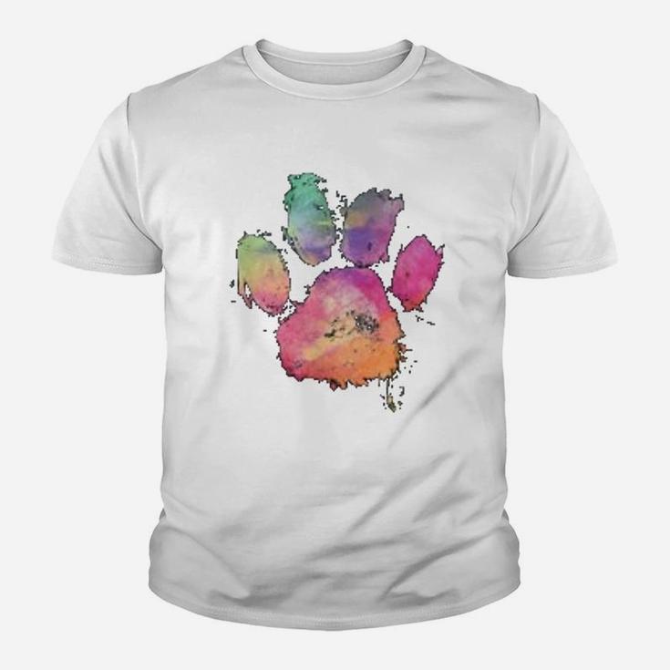 Cat Dog Paws Print Watercolor Rainbow Abstract Animal Lover Kid T-Shirt