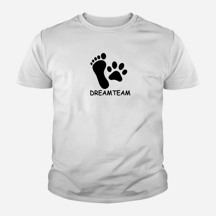 Dreamteam Unisex Kinder Tshirt mit Fuß- & Pfotenabdruck, Weiß
