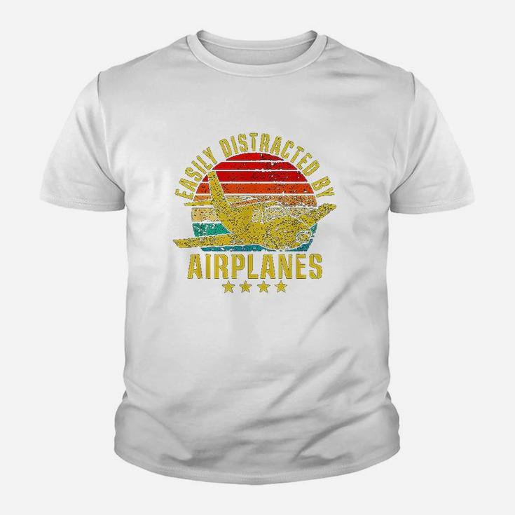 Easily Distracted By Airplanes Funny Vintage Retro Pilot Kid T-Shirt