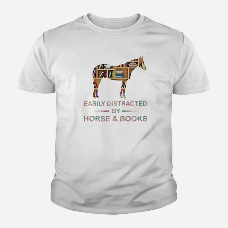 Easily Distracted By Horse And Books Lover Nerd Funny Kid T-Shirt