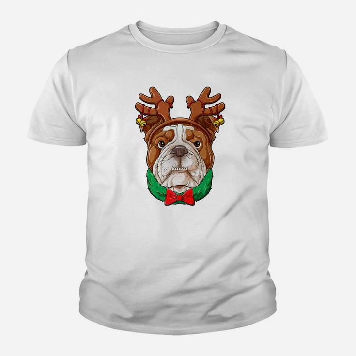 English Bulldog Christmas Shirt Reindeer Antlers Dog Girls Kid T-Shirt