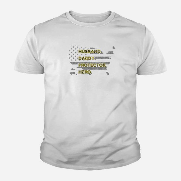Husband Daddy Protector Hero Shirt Military Veteran Usa Flag Kid T-Shirt