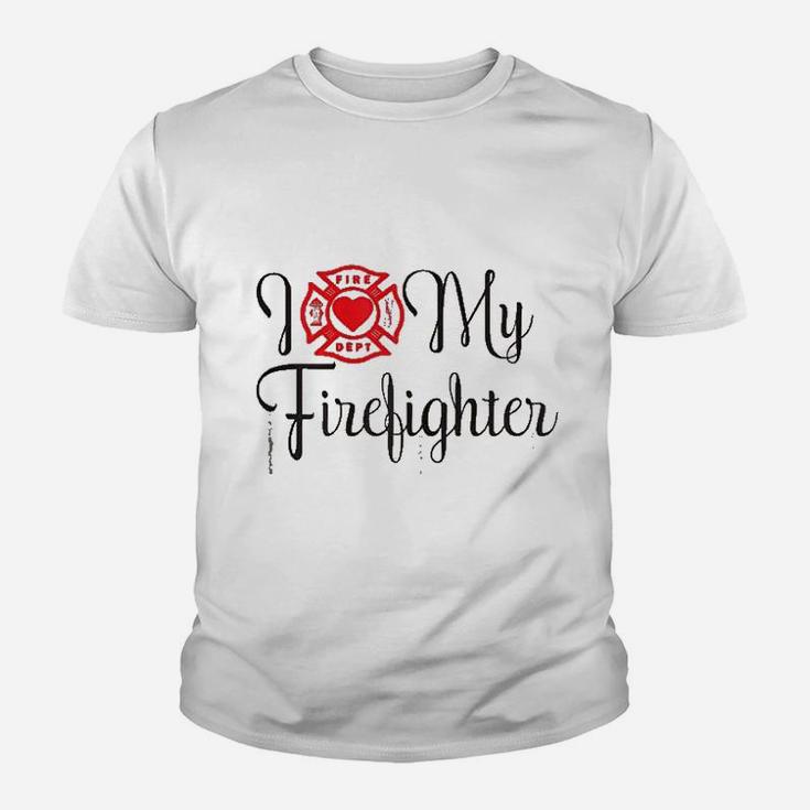 I Love My Firefighter Funny Wife Saying About Husband Kid T-Shirt