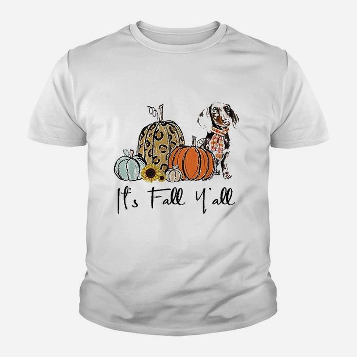 Its Fall Yall Yellow Dachshund Dog Leopard Pumpkin Falling Kid T-Shirt