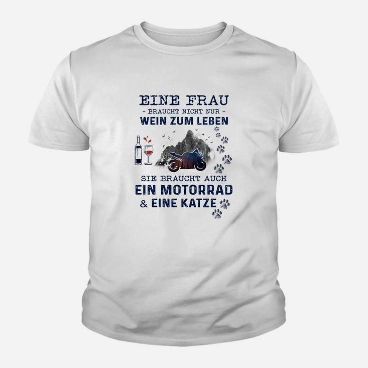 Lustiges Damen Kinder Tshirt Wein, Motorrad & Katze, Für Wein- & Motorradfans