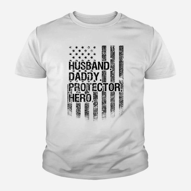 Mens Mens Husband Daddy Protector Hero Shirt American Flag Dad Kid T-Shirt