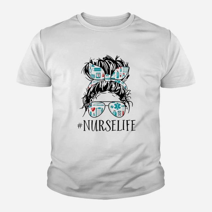 Messy Hair Woman Bun Nurse Life Healthcare Life Kid T-Shirt