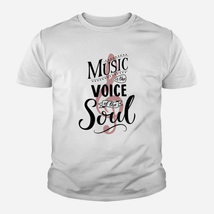 Music Is The Voice Of The Soul. Inspirational Quote Typography, Vintage Style Saying On White Background. Dancing School Wall Art Poster. Kid T-Shirt