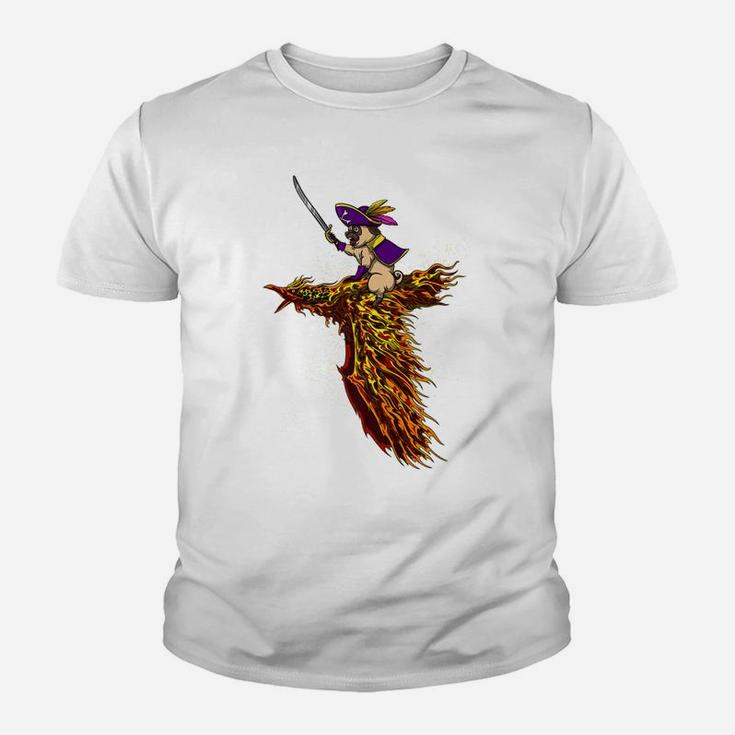 Pug Dog Pirate Riding Phoenix Bird Funny Kid T-Shirt