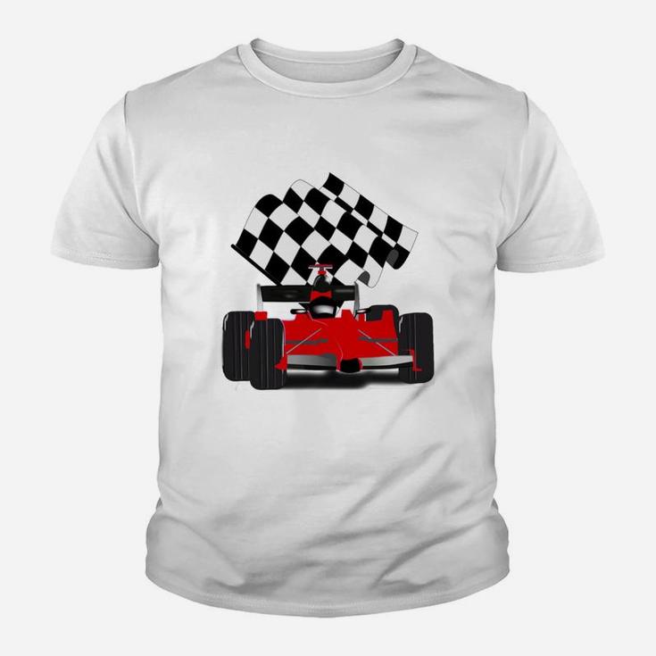 Red Race Car With Checkered Flag Kid T-Shirt