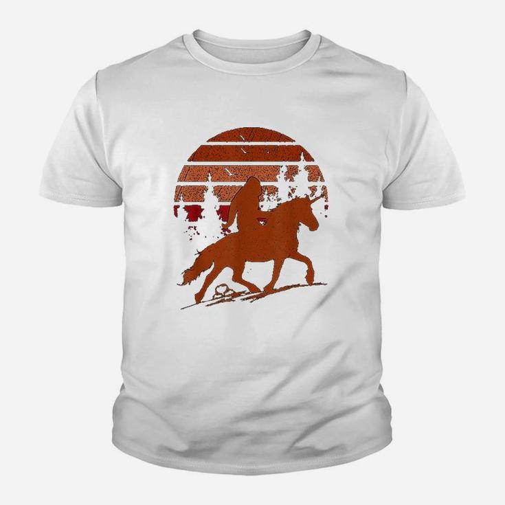 Sasquatch Riding A Unicorn Bigfoot Retro Sunset Vintage Kid T-Shirt