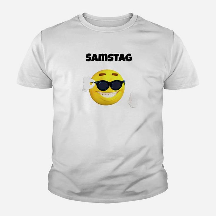 Weißes Kinder Tshirt Samstag mit Emoji & Sonnenbrille-Design