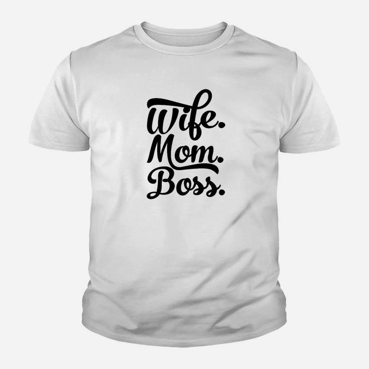 Wife Mom Boss Kinder Tshirt in Weiß, Schriftzug Kinder Tshirt für Mütter