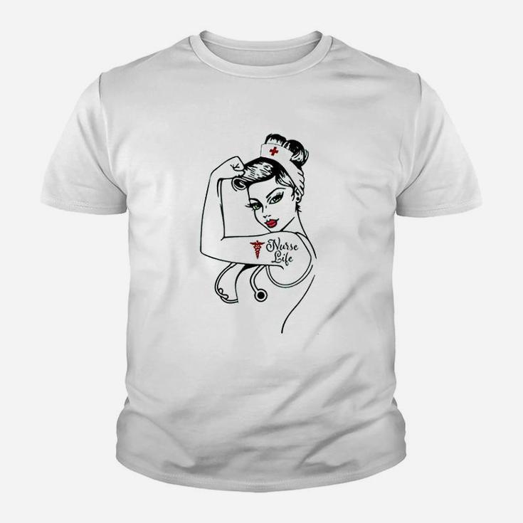Women Nurse Funny Graphic Rosie The Riveter Kid T-Shirt