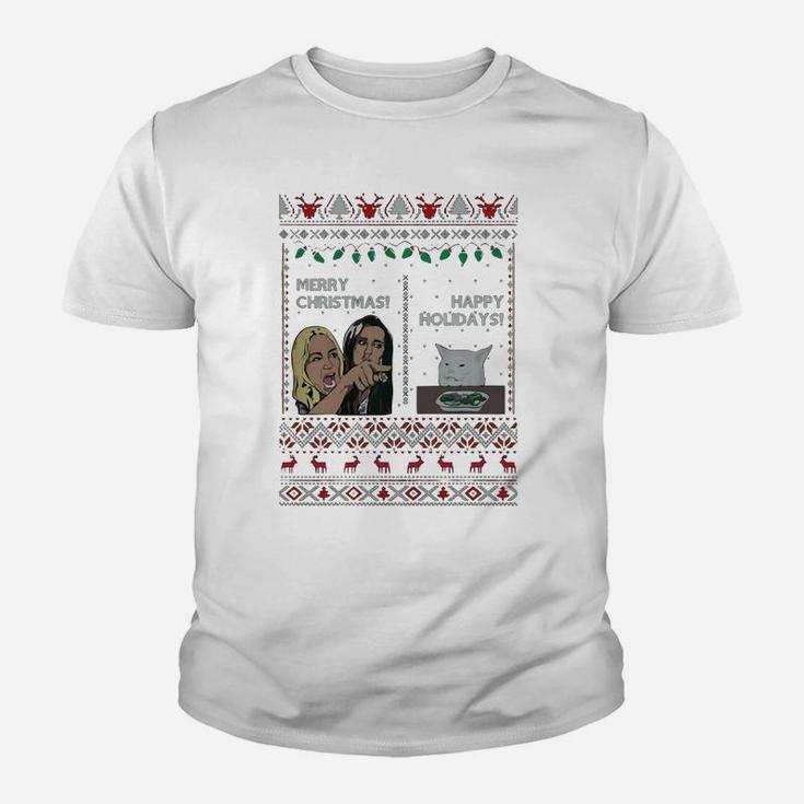 Yelling Woman Cat Meme Merry Christmas Happy Holidays Ugly Christmas Shirt Kid T-Shirt