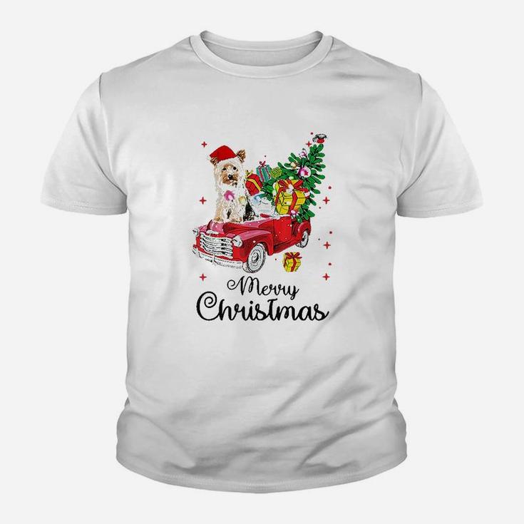 Yorkies Ride Red Truck Christmas Kid T-Shirt