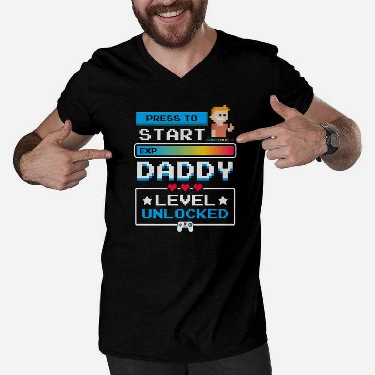 1st Time Dad Gamer Shirt First Time Daddy Level Unlocked Men V-Neck Tshirt