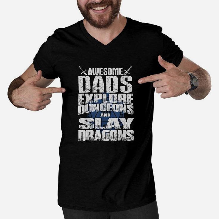 Awesome Dads Explore Dungeons D20 Tabletop Rpg Fantasy Gamer Men V-Neck Tshirt