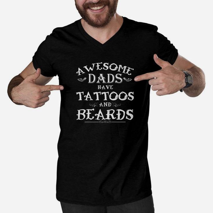 Awesome Dads Have Tattoos And Beards Cool Men V-Neck Tshirt