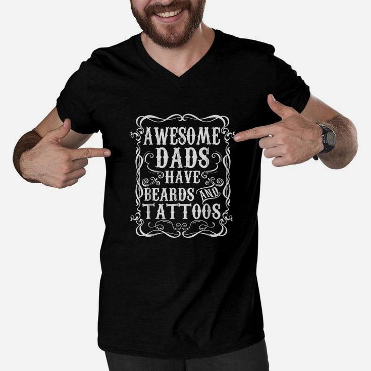 Awesome Dads Have Tattoos And Beards Funny Beard Men V-Neck Tshirt