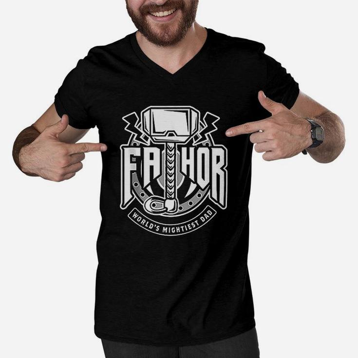 Fathor Worlds Mightiest Dad Funny Cool Viking Father Gift Men V-Neck Tshirt