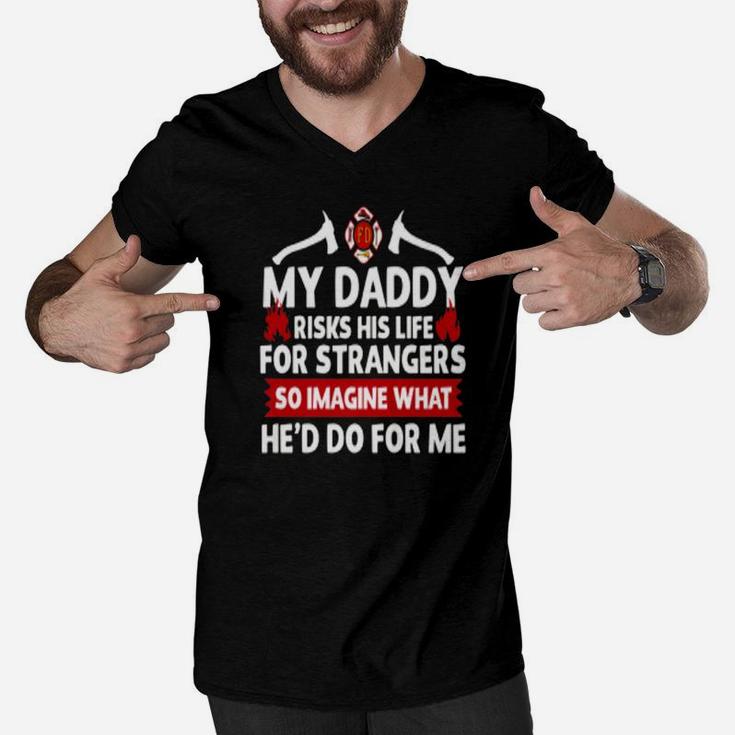 Firefighter Child My Daddy Risks His Life Premium Men V-Neck Tshirt