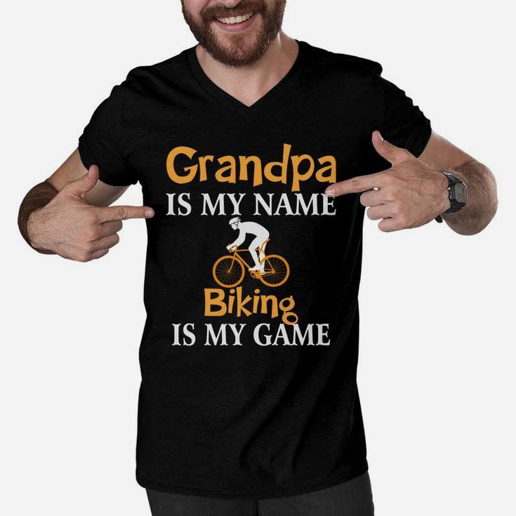 Grandpa Is My Name Biking Is My Game Fathers Day Men V-Neck Tshirt