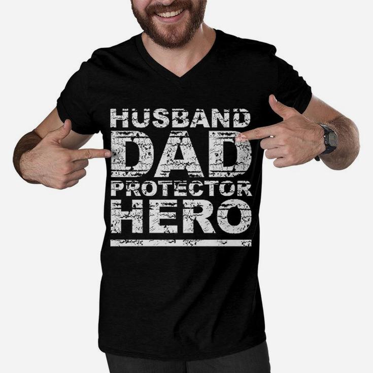 Husband Dad Protector Hero Fathers Day Daddy Parenthood Men V-Neck Tshirt
