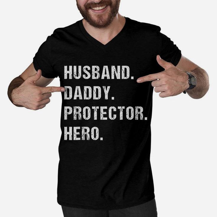 Husband Daddy Protector Hero Gift For Dad Fathers Day Men V-Neck Tshirt