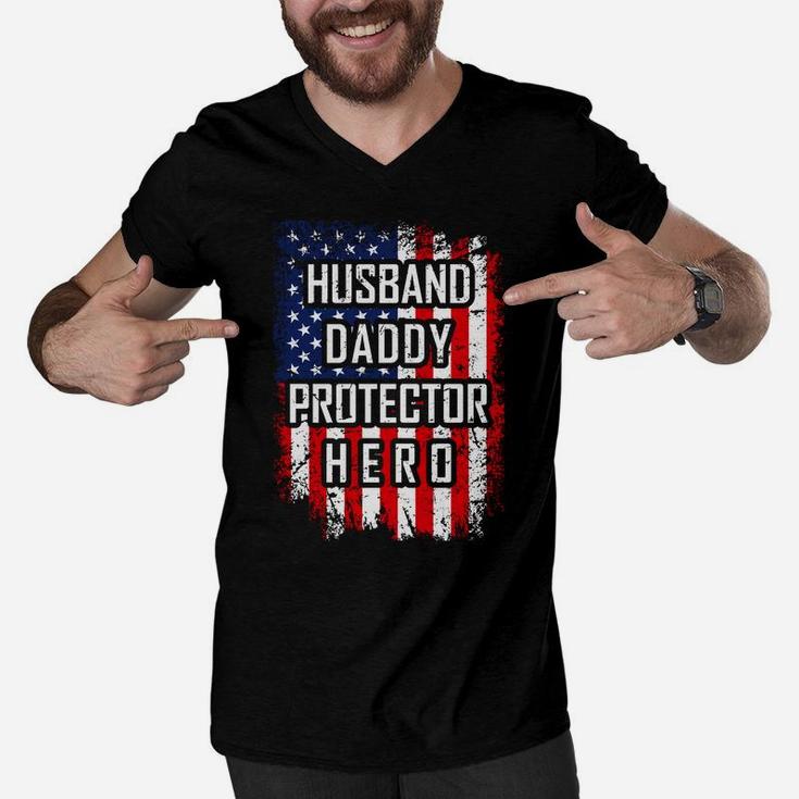Husband Daddy Protector Hero Shirt For Dad American Flag Men V-Neck Tshirt