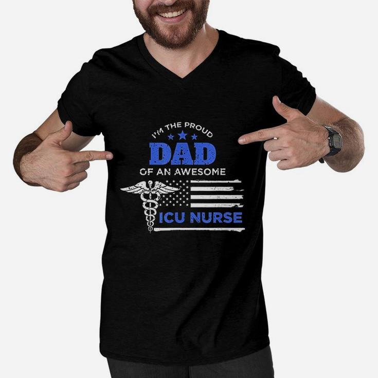 I Am The Proud Dad Of An Awesome Icu Nurse Father Flag Gift Men V-Neck Tshirt