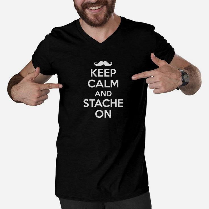 Keep Calm And Stache On Funny Mustache Fathers Day Gift Premium Men V-Neck Tshirt