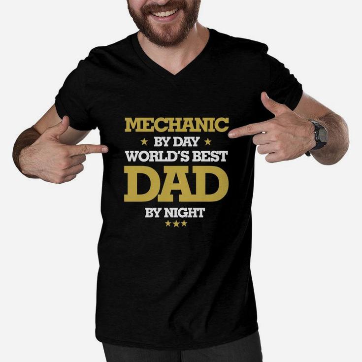 Mechanic By Day Worlds Best Dad By Night, Mechanic Shirts, Mechanic T Shirts, Father Day Shirts Men V-Neck Tshirt