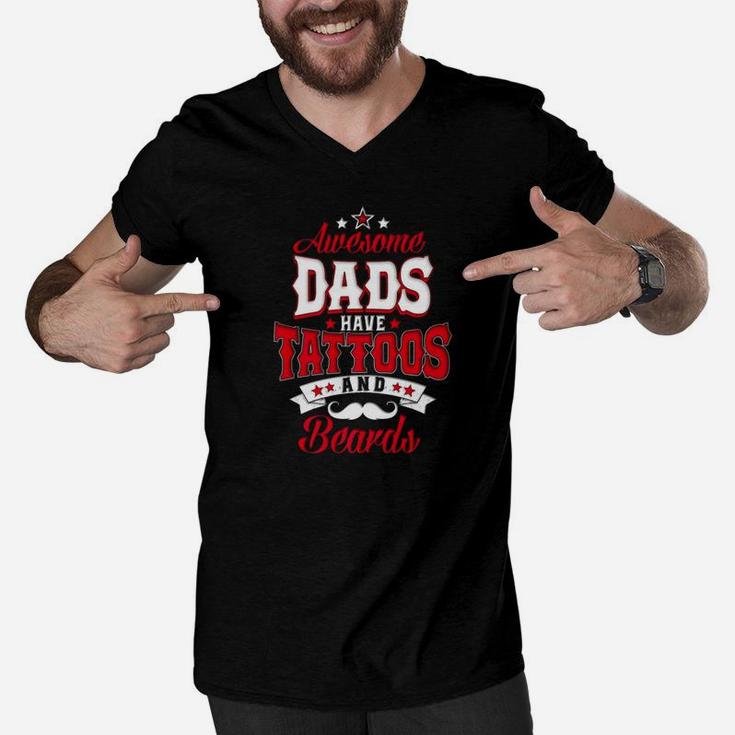 Mens Awesome Dads Have Tattoos And Beards Fathers Day Men V-Neck Tshirt