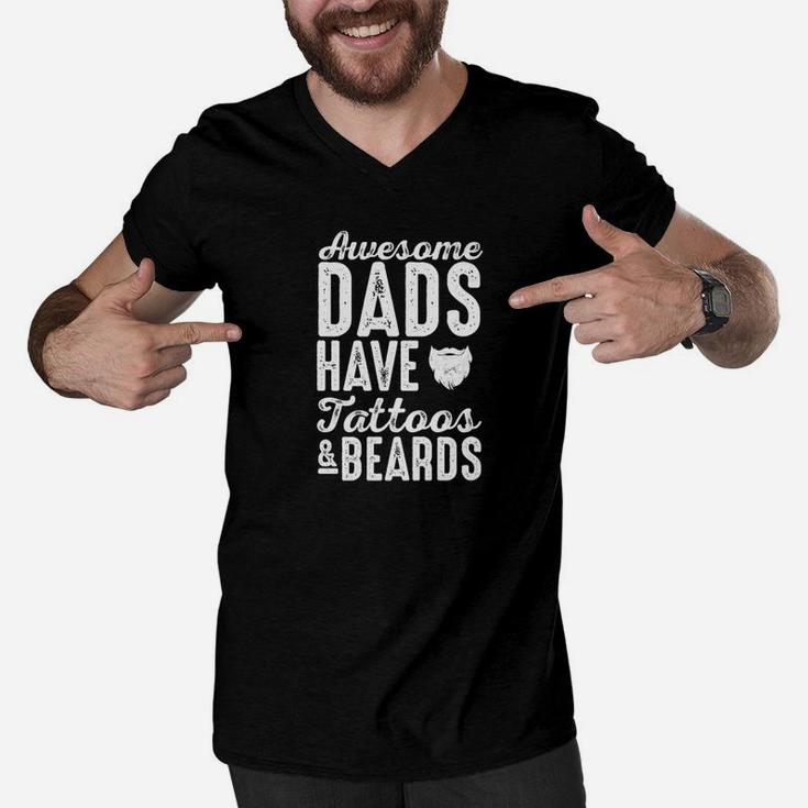 Mens Awesome Dads Have Tattoos And Beards Shirt Bearded Dad Gift Men V-Neck Tshirt
