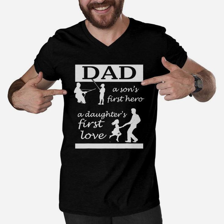 Mens Dad A Son First Hero A Daughters First Love Father Day Gift Men V-Neck Tshirt