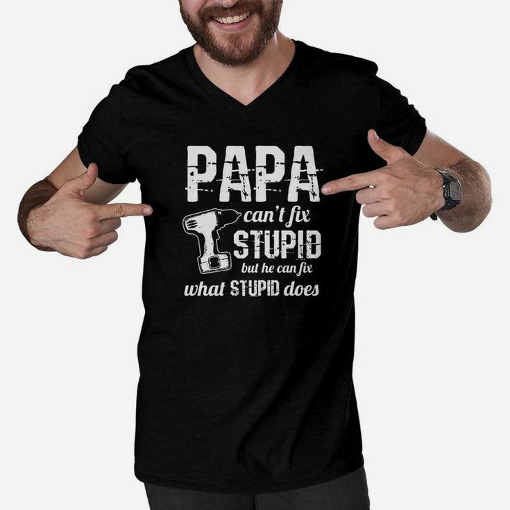Mens Funny Papa Cant Fix Stupid Fathers Day Grand Daddy Joke Premium Men V-Neck Tshirt