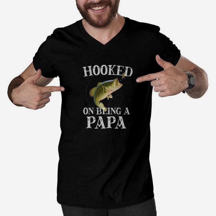 Mens Hooked On Being A Papa Quote Funny Fishing Grandpa Gift Premium Men V-Neck Tshirt