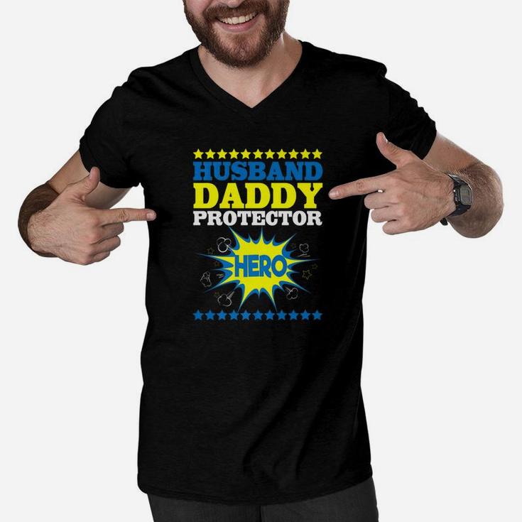 Mens Husband Daddy Protector Hero Dad Papa Fathers Day Men V-Neck Tshirt