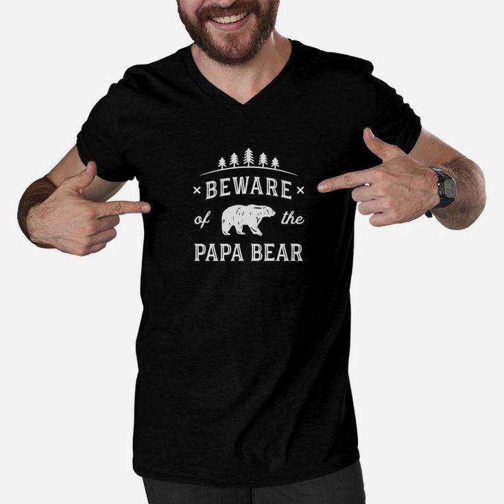 Mens Papa Bear Shirt Beware Gift Grandfather Dad Protect Men V-Neck Tshirt