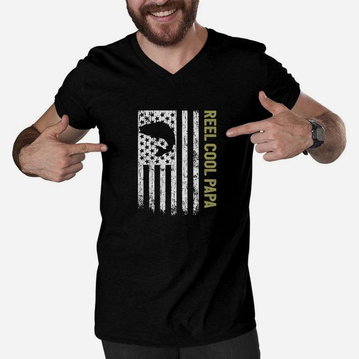 Mens Reel Cool Papa Fishing Gifts Fathers Day American Flag Premium Men V-Neck Tshirt