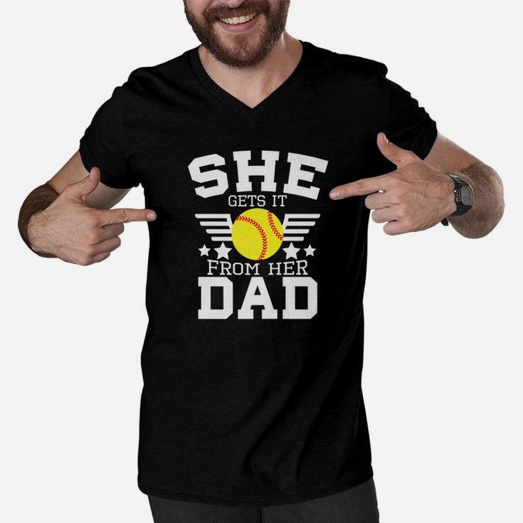 Mens She Gets It From Her Dad Softball Father Daddy Coach Men V-Neck Tshirt