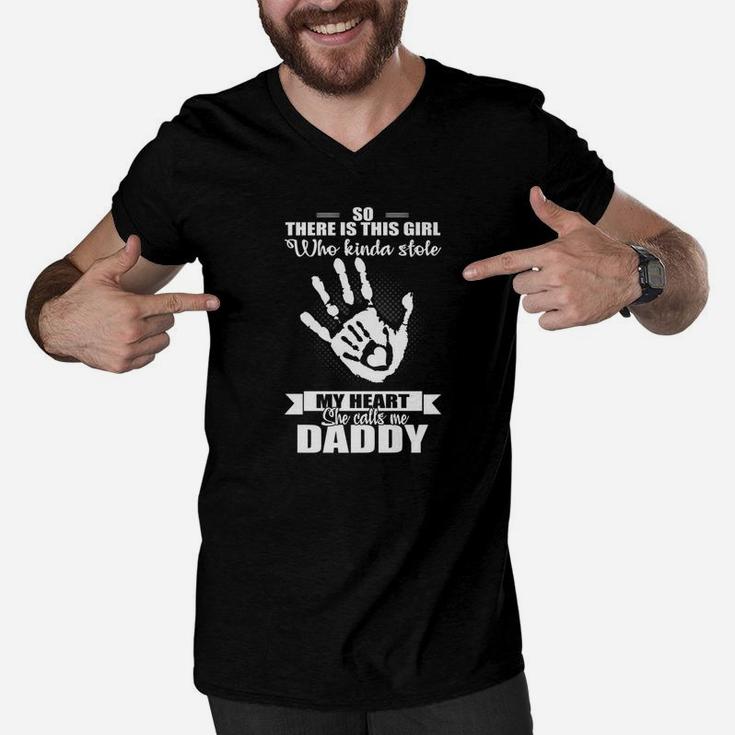 Mens There Is A Girl Who Stole My Heart She Calls Me Daddy Shirt Men V-Neck Tshirt