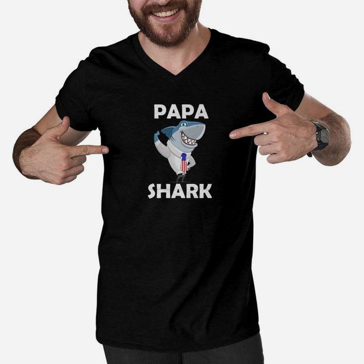 Papa Shark Premium Shirt American Flag Fathers Day Men V-Neck Tshirt