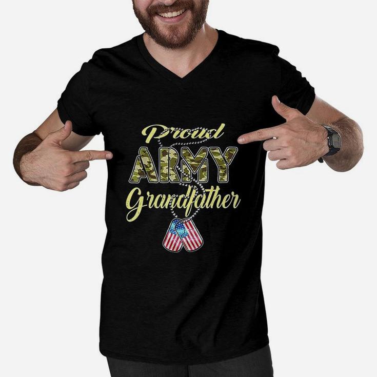 Proud Army Grandfather Us Flag Dog Tag Military Grandpa Gift Men V-Neck Tshirt