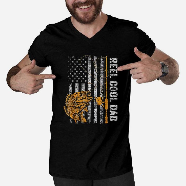 Reel Cool Dad Shirt American Flag Fishing Fathers Day Men V-Neck Tshirt