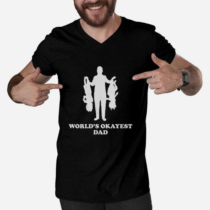 Worlds Okayest Dad Holding Upside Down Kids Funny Fathers Day Men V-Neck Tshirt