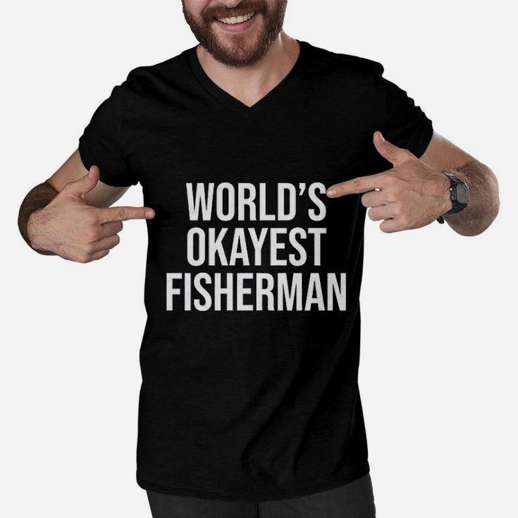 Worlds Okayest Fisherman Funny Fathers Day Fishing Men V-Neck Tshirt