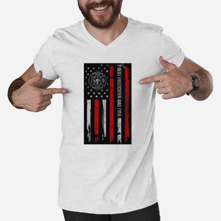 Best Firefighter Dad Ever American Flag For Fathers Day Men V-Neck Tshirt